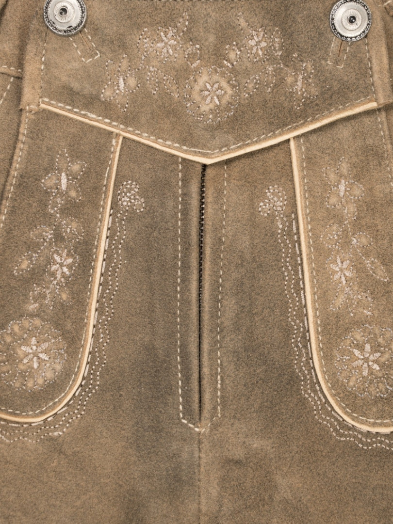 Brown leather shorts with button closures on a white background