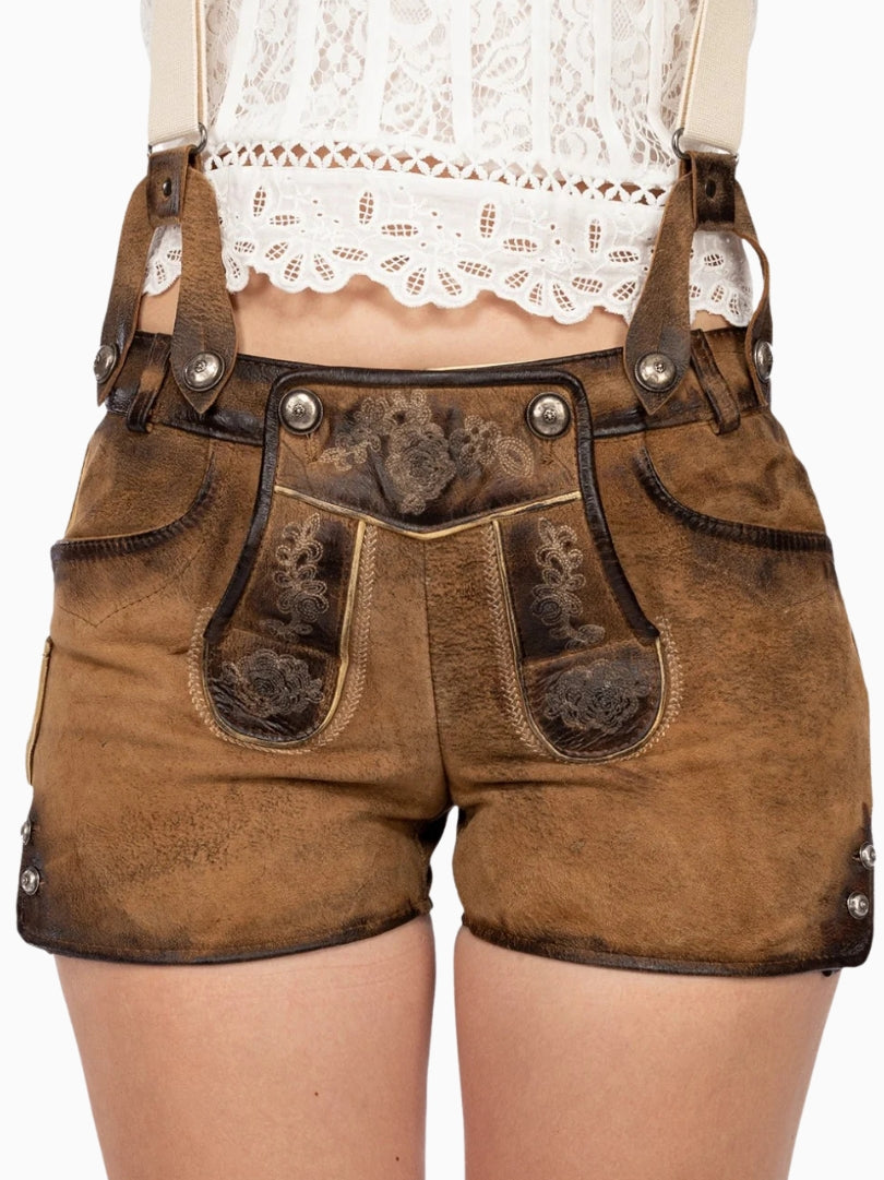 Brown leather shorts with suspenders on a white background