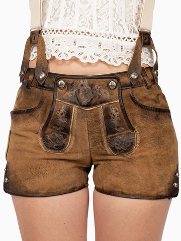 Brown leather shorts with suspenders on a white background