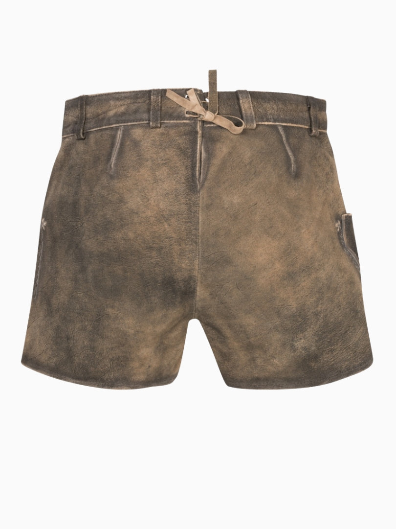 Back view of rustic brown traditional lederhosen-style shorts with a distressed leather finish, adjustable back lace detail, and belt loops
