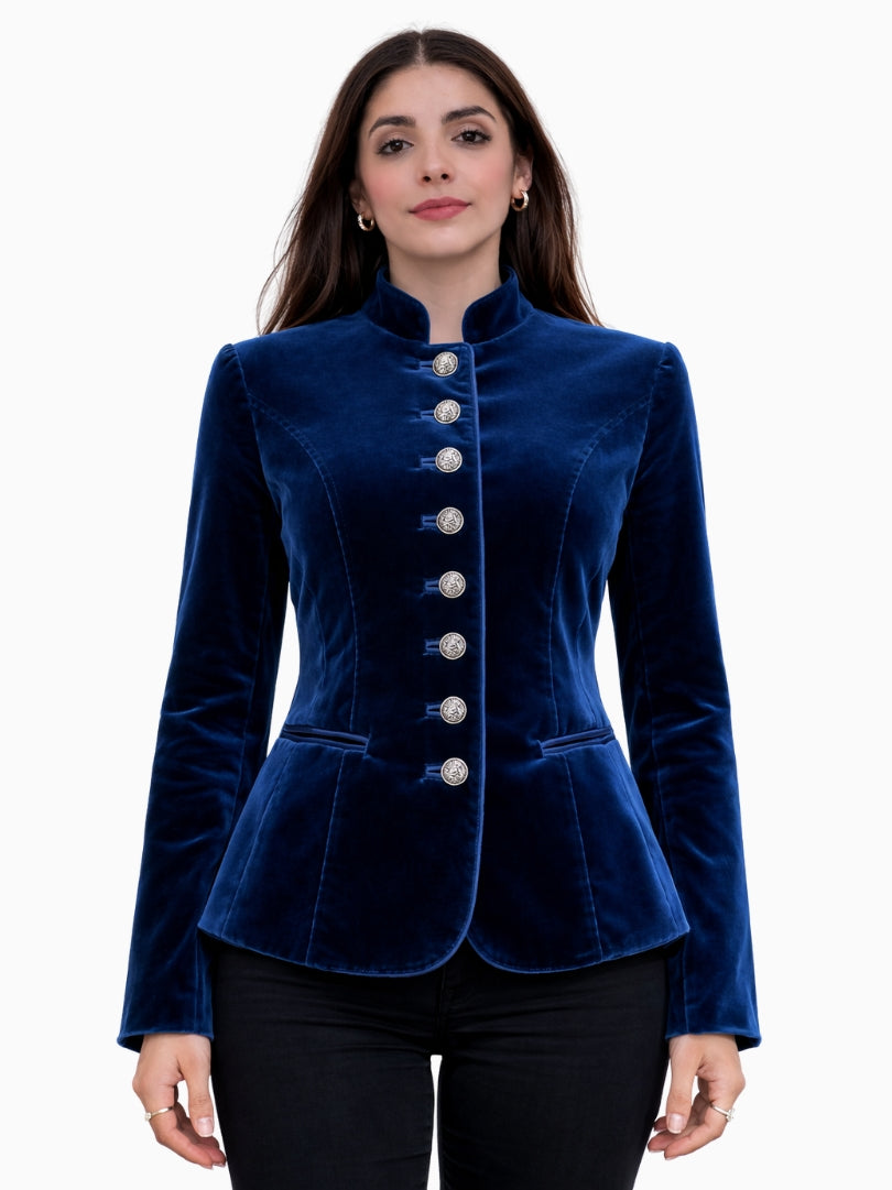 Front view of women's royal blue velvet Alpine Trachten jacket with stand collar, silver metal buttons, and fitted silhouette.