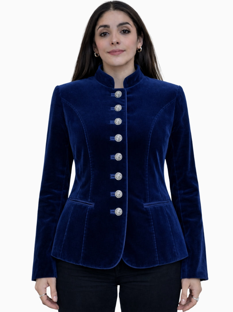 Front view of women's navy blue velvet Alpine Trachten jacket with stand collar, silver metal buttons, and fitted peplum-style silhouette.