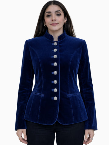 Front view of women's navy blue velvet Alpine Trachten jacket with stand collar, silver metal buttons, and fitted peplum-style silhouette.