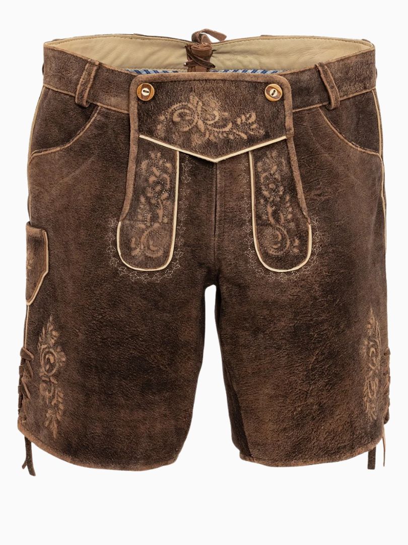 Front view of dark brown traditional lederhosen-style shorts with embroidered detailing, decorative front flap with buttons, side pocket, and a distressed suede-like leather texture.