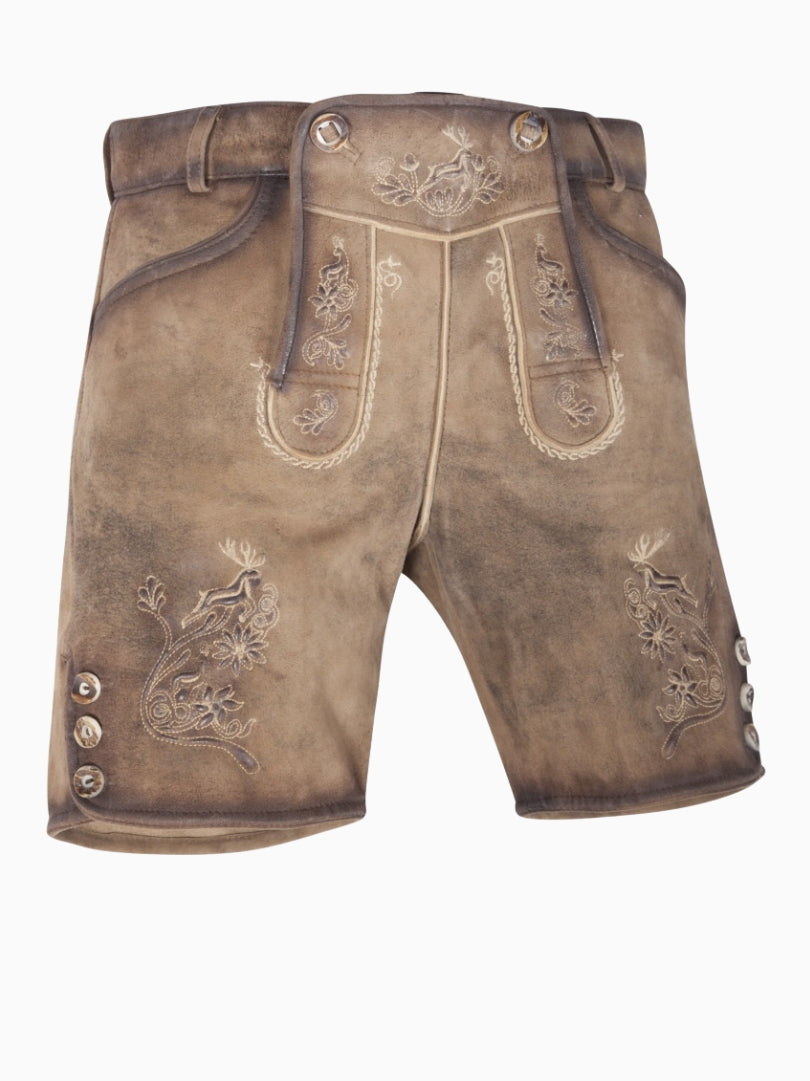 Front view of light brown Bavarian lederhosen shorts with traditional embroidery, decorative front flap, horn-style buttons, and vintage suede finish.