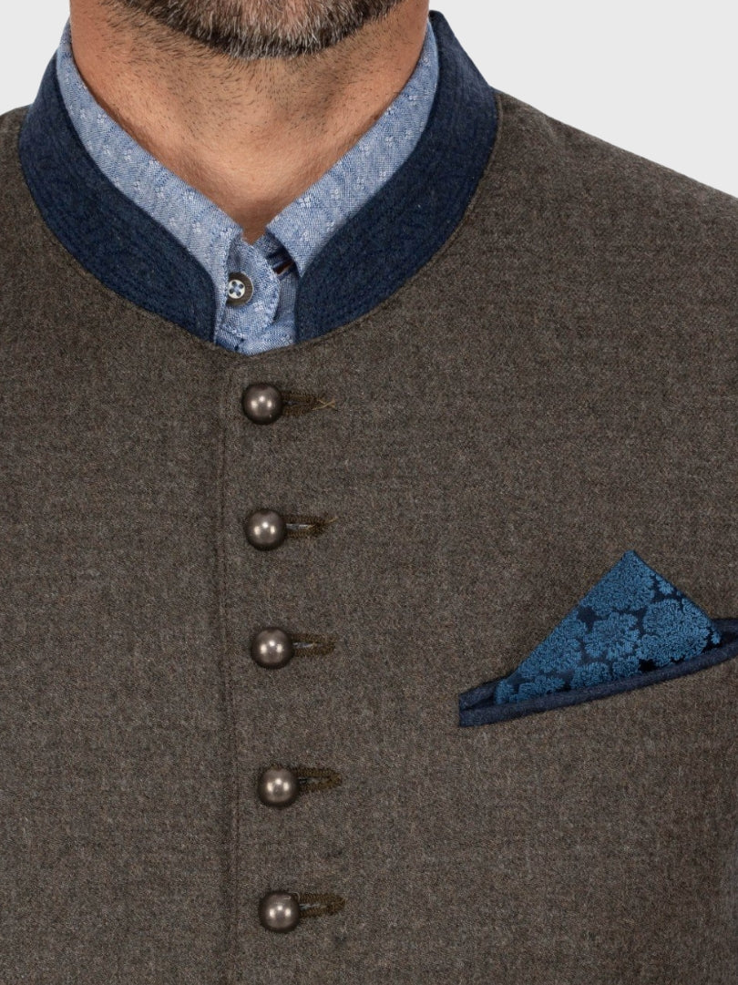 Brown Wool Bavarian Vest with Navy Collar