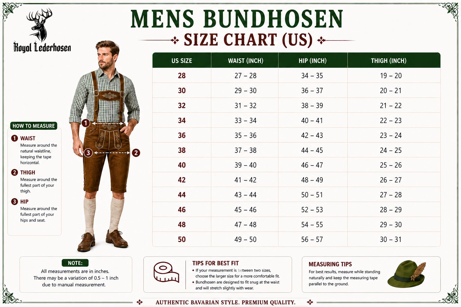 Size Chart for Traditional Brown Bundhosen with Green Embroidery