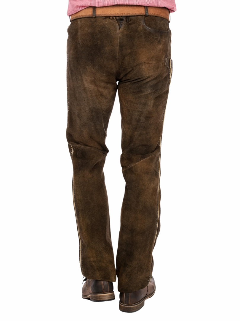 dark brown suede German Lederhosen pants with classic Bavarian fit