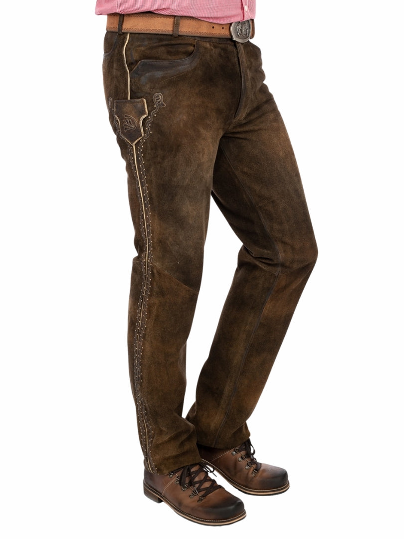 dark brown suede Lederhosen pants featuring traditional Bavarian embroidery