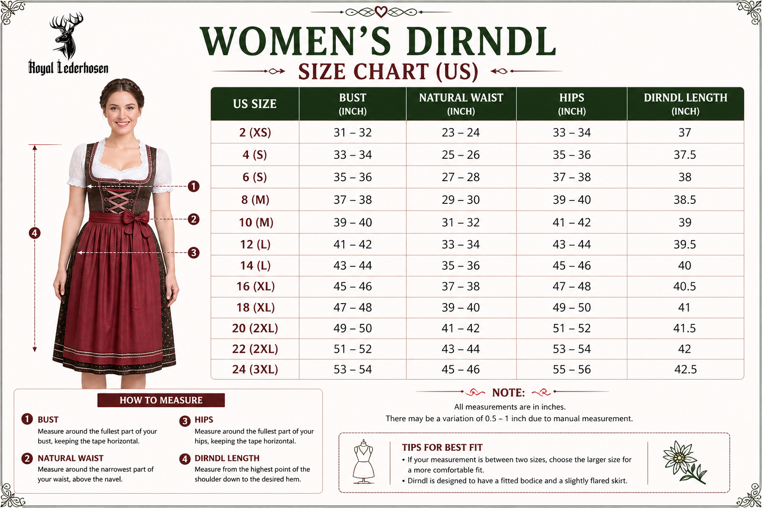 Size Chart for Authentic Alpine Dirndl Dress Women