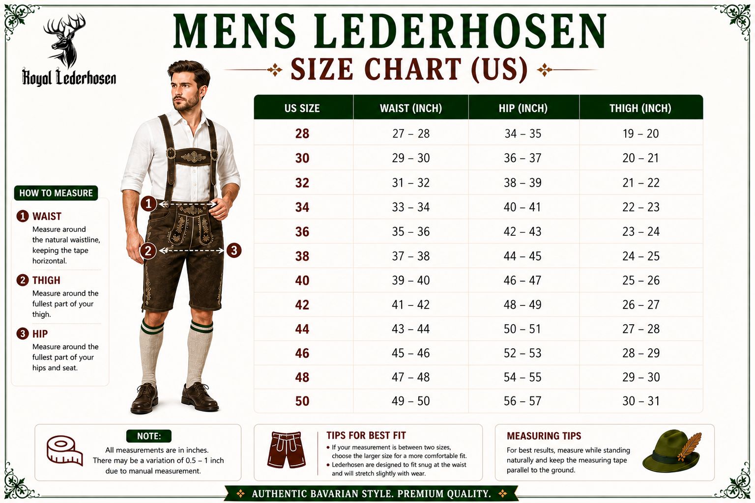 Size Chart for Brad Pitt Lederhosen Shorts for Men