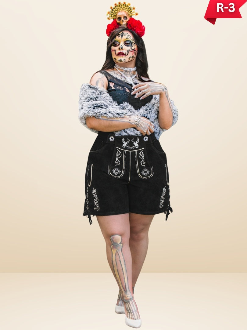 Plus size woman wearing black women’s lederhosen with traditional Bavarian embroidery, styled as a festival costume with decorative face paint, ankle shoes, and studio background.