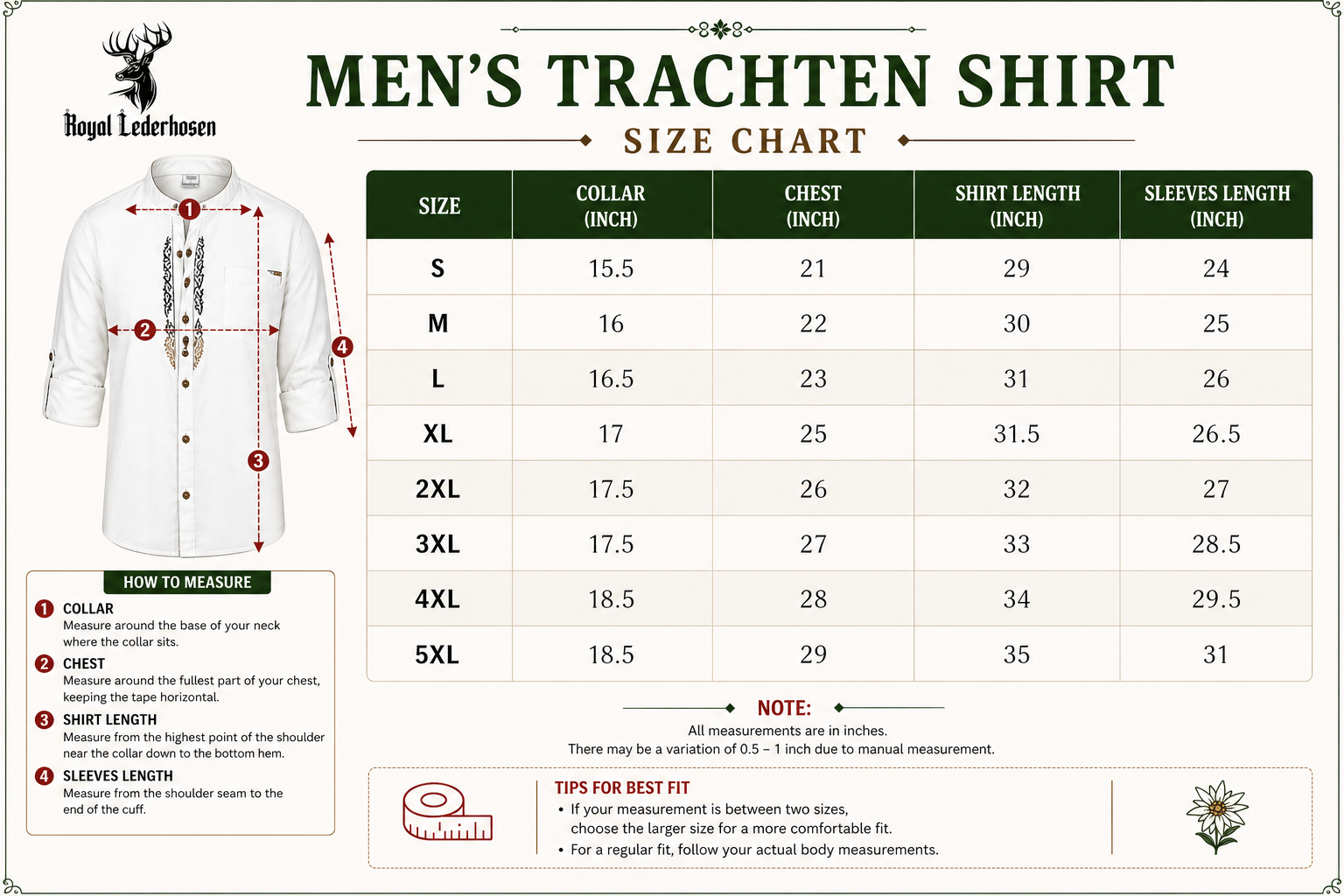 Size Chart for Premium White Bavarian Button Up Shirt