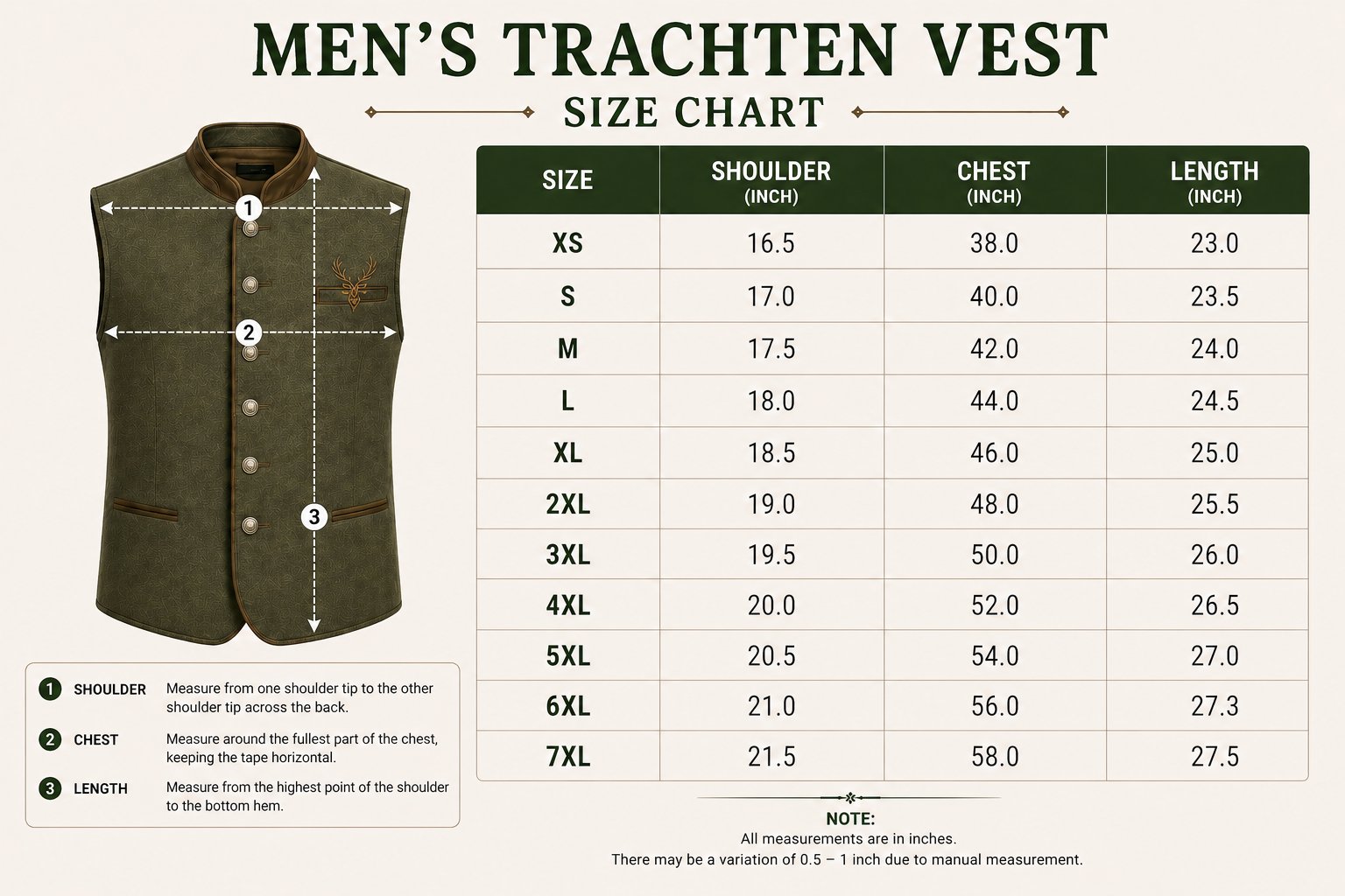 Size Chart for Authentic Olive Suede German Trachten Waistcoat For Mens