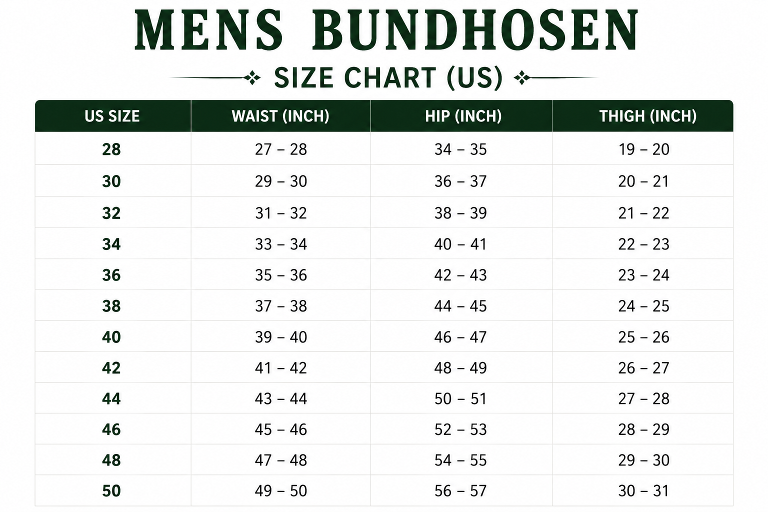 Size Chart for Authentic Black Suede Bundhosen for Oktoberfest