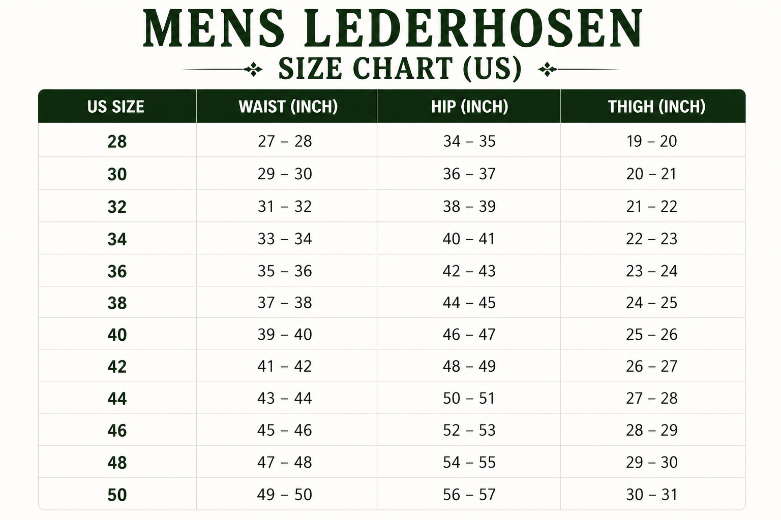 Size Chart for Authentic Oktoberfest Bavarian Lederhosen