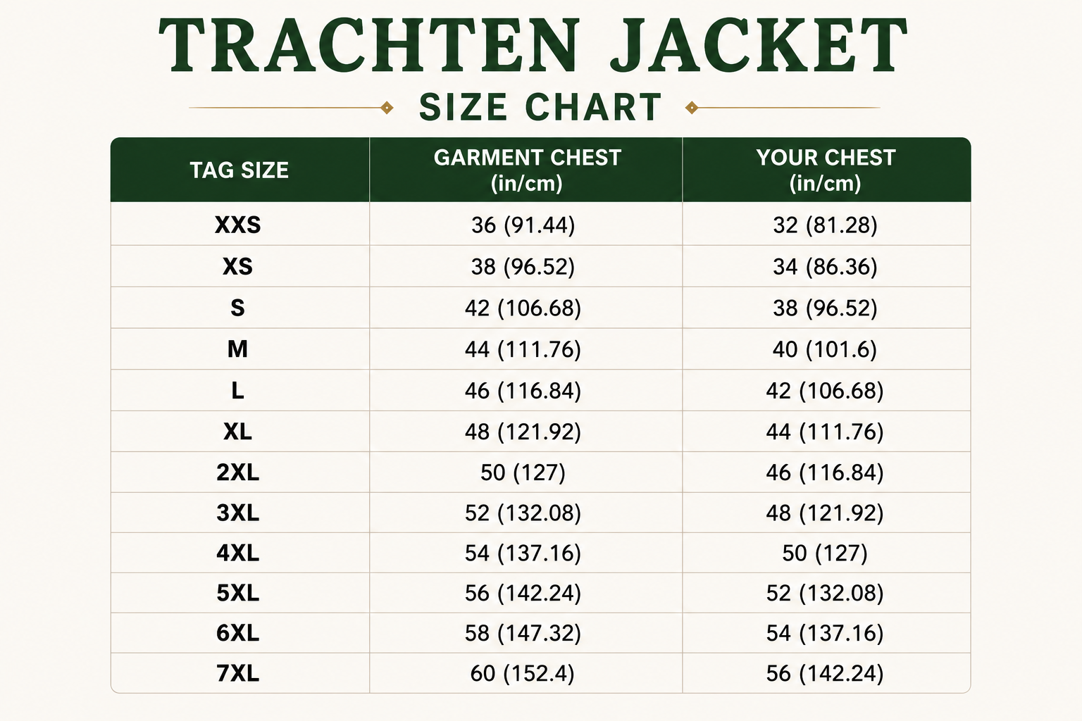 Size Chart for Traditional Bavarian Jacket for Men Oktoberfest