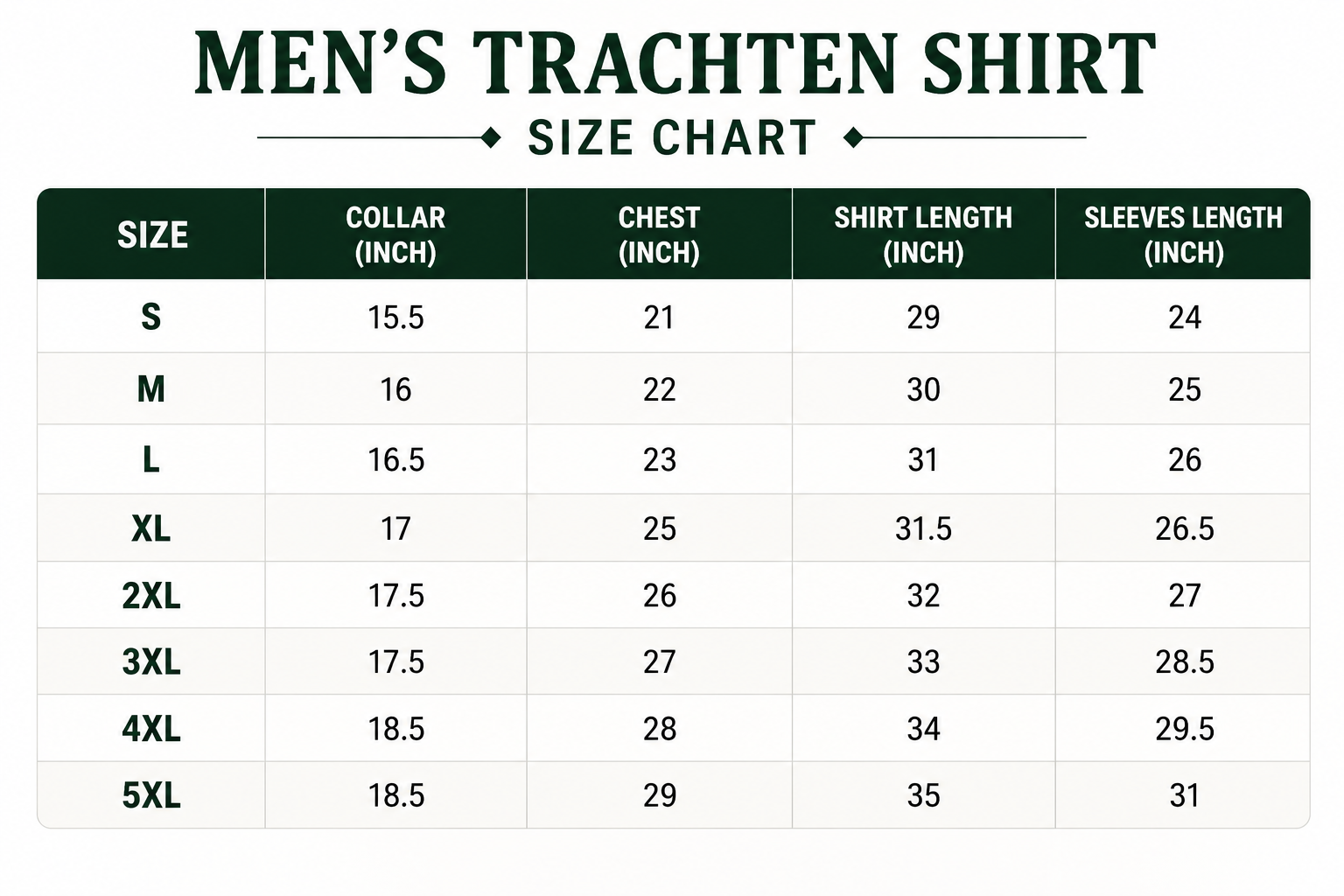 Size Chart for White Bavarian Shirt with Red Tipped Collar