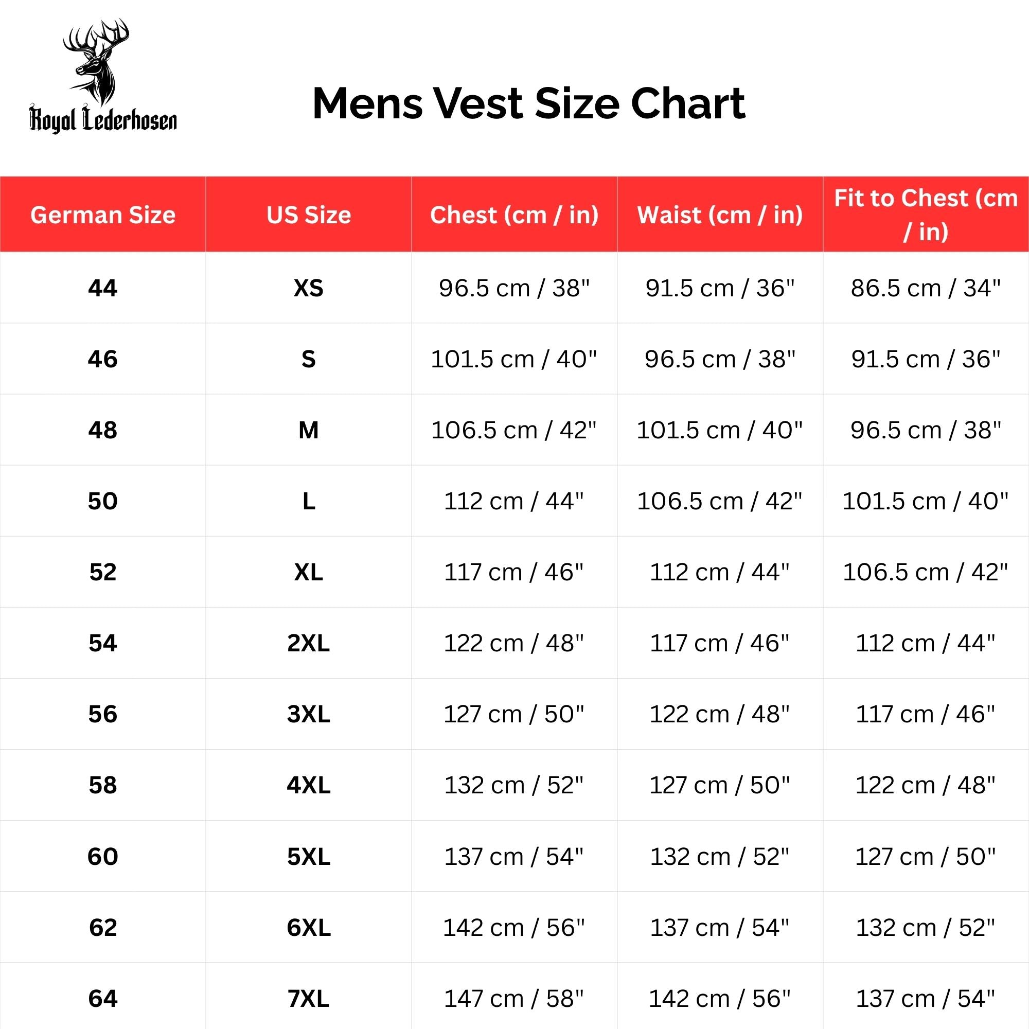 Size Chart for Premium Light Olive Brown Suede Bavarian Vest For Mens