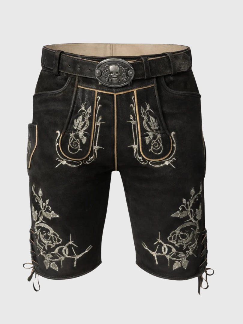 oktoberfest black suede lederhosen with white stitch accent
