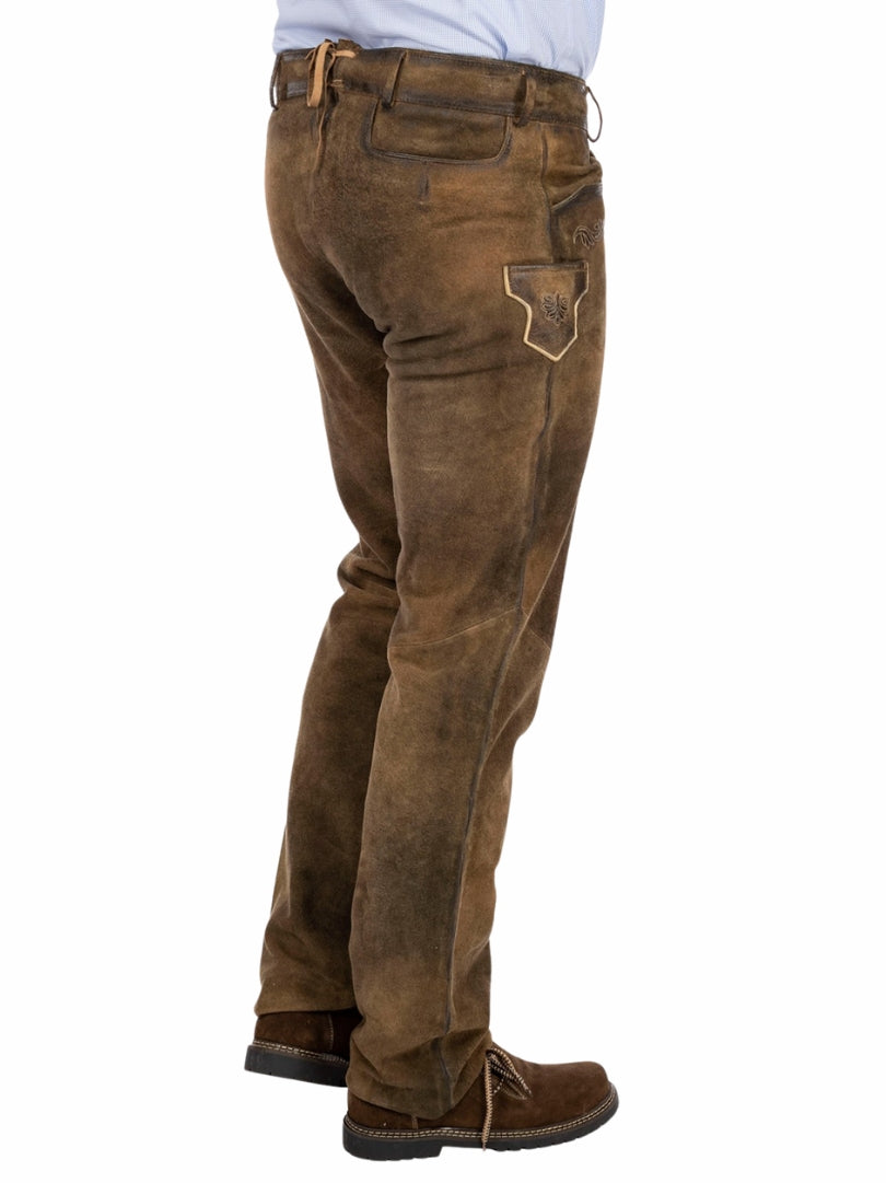 rustic brown suede German Lederhosen pants with traditional design