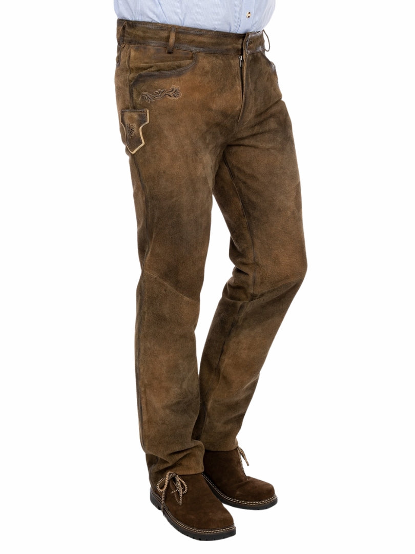 rustic brown suede Lederhosen pants showing traditional Bavarian pocket details