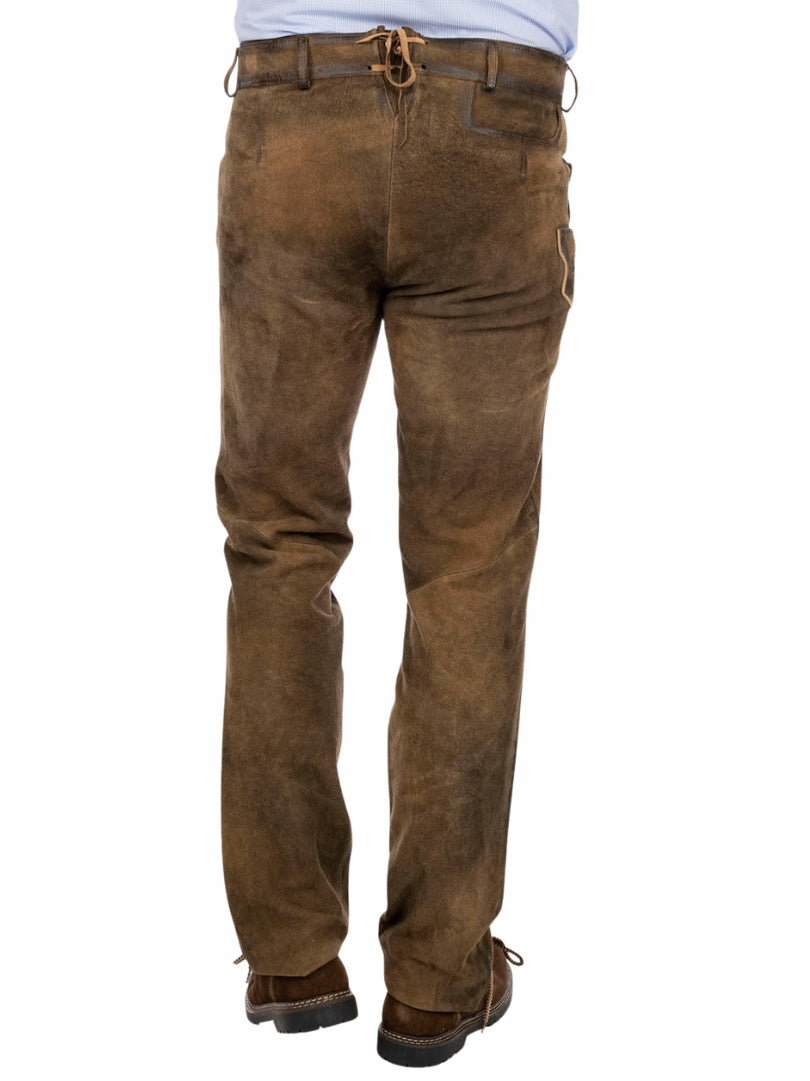 rustic brown suede Lederhosen pants showing traditional Bavarian pocket details