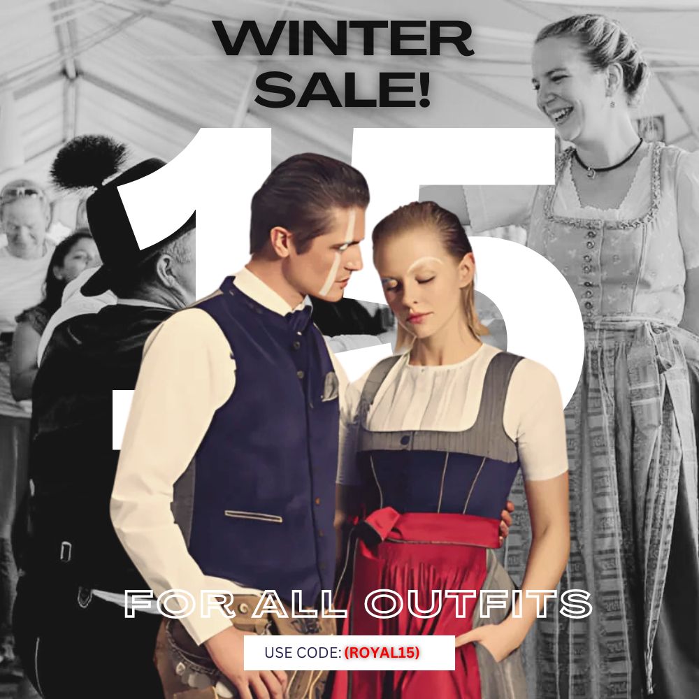 Winter sale banner showing men’s lederhosen and women’s dirndl outfits with 15% off discount at Royal Lederhosen