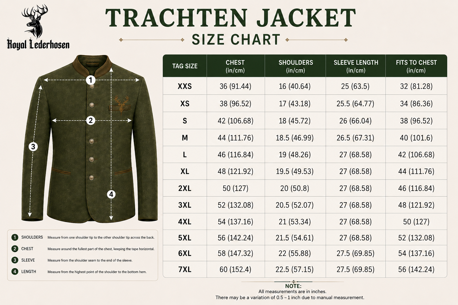 Size Chart for Authentic Dark Grey Wool Trachten Jacket with Black Collar