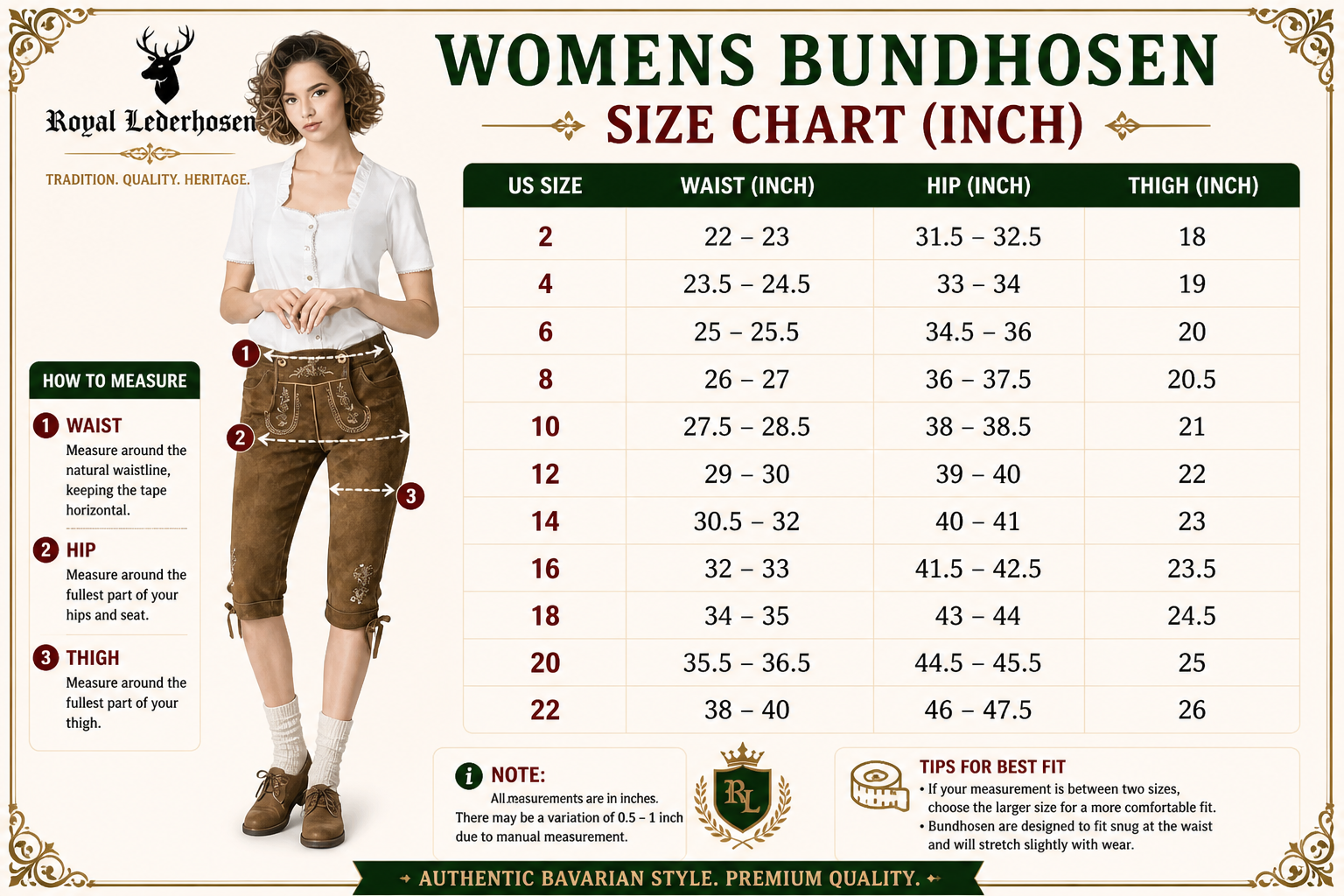 Size Chart for Brown Bavarian Trachten Bundhosen Pant