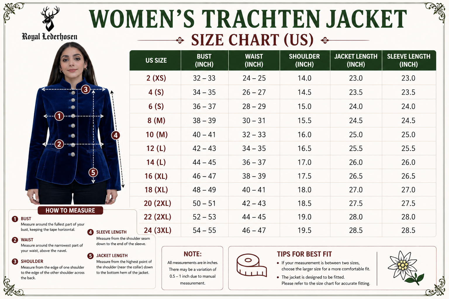 Size Chart for Traditional Womens Brown Trachten Jacket