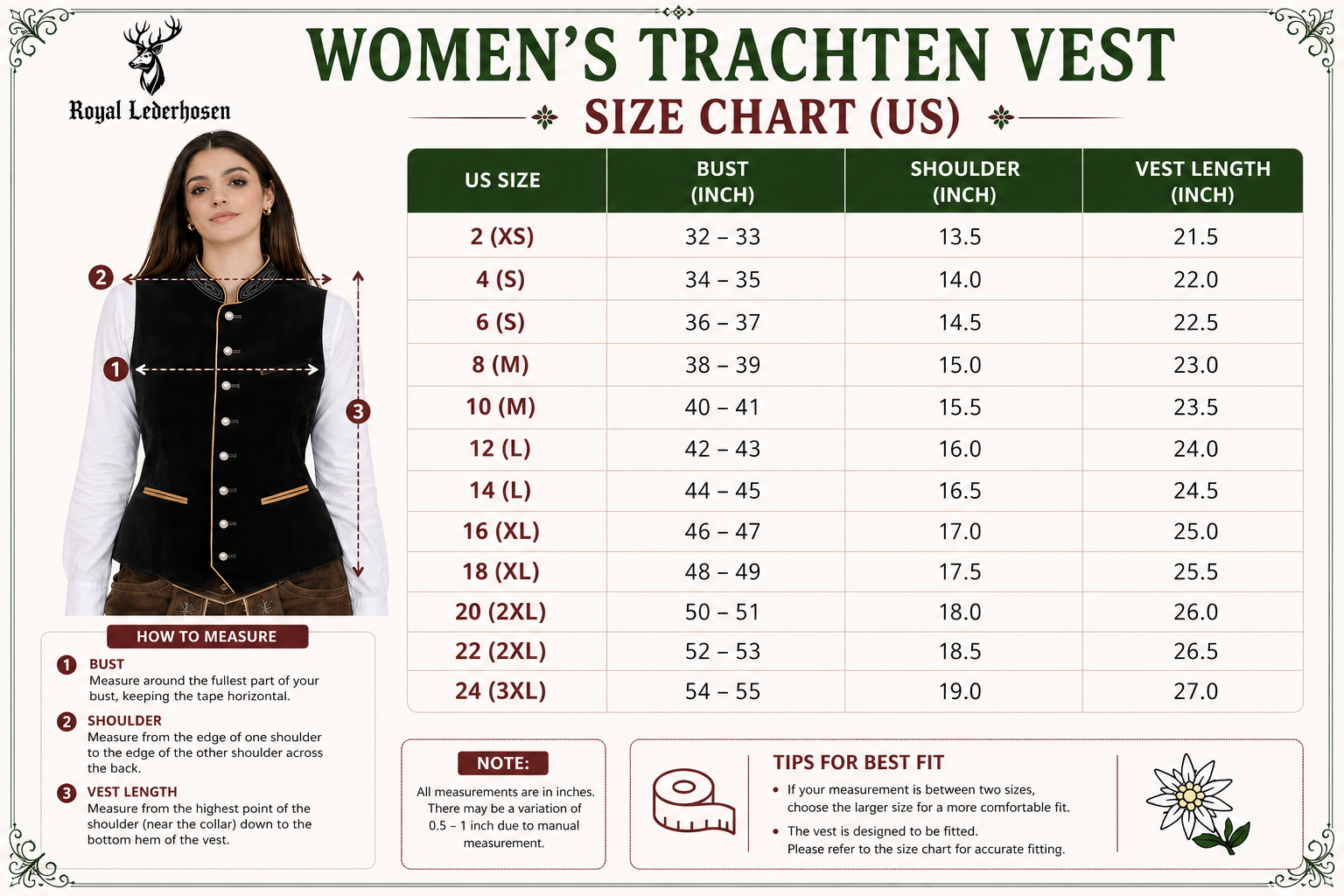 Size Chart for Authentic Black Velvet Womens Waistcoat